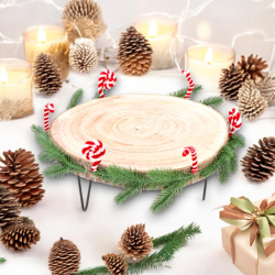 Alzatina Base in Legno a Forma di Tronco Decorazione Natalizia Tavolo con rametti pino e candy canes  28x10 cm
