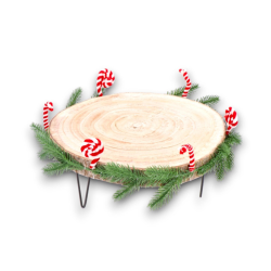 Alzatina Base in Legno a Forma di Tronco Decorazione Natalizia Tavolo con rametti pino e candy canes  28x10 cm