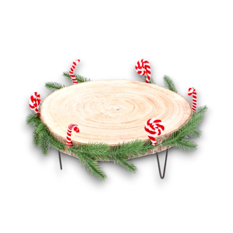 Alzatina Base in Legno a Forma di Tronco Decorazione Natalizia Tavolo con rametti pino e candy canes 35x15 cm