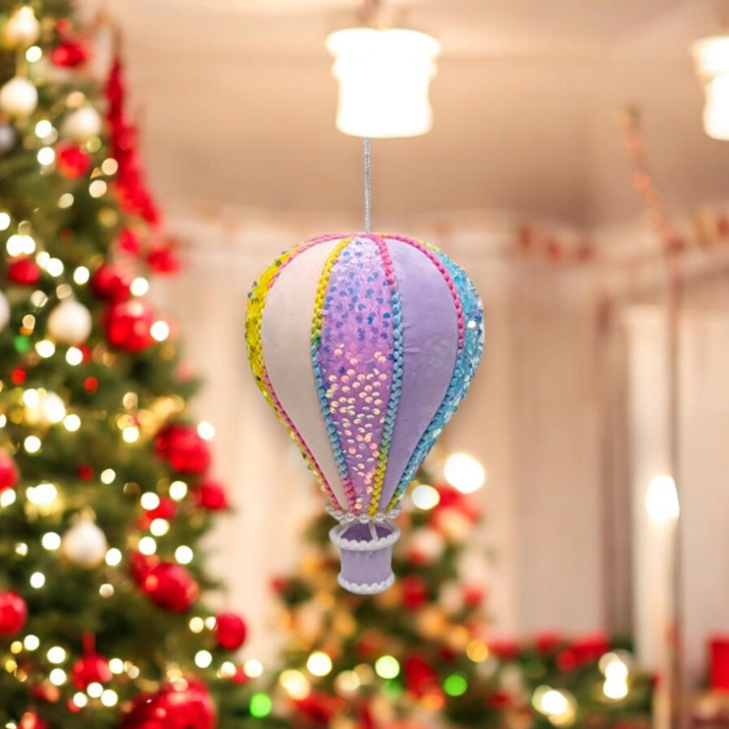 Mongolfiera Glitterata Grande - Palla di Natale da 32 cm con Paillettes ROsa e Bianca