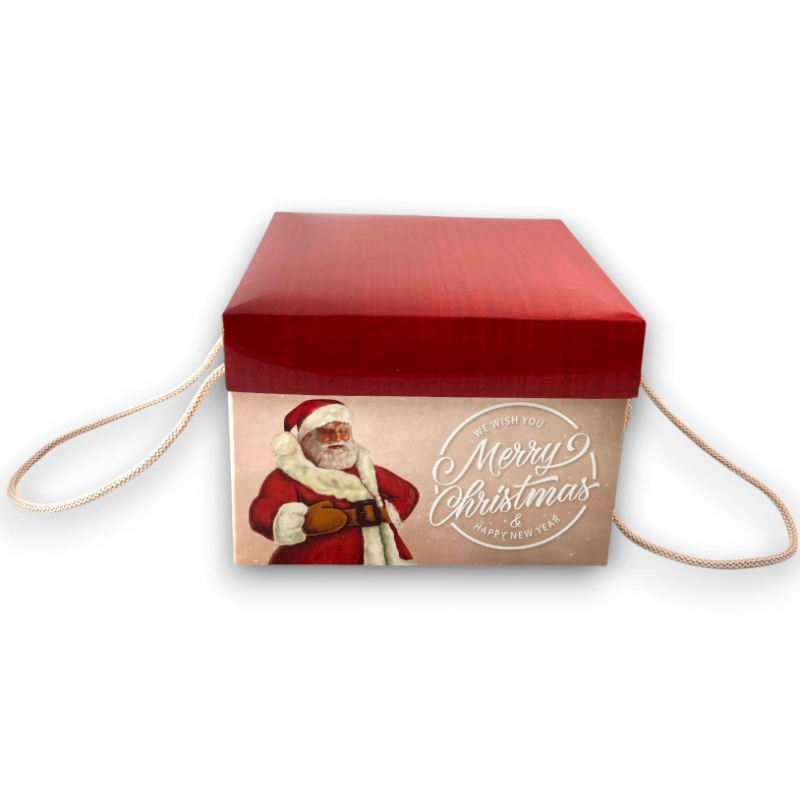 Scatola Panettone - 24,5x24,5x17 cm - Beige/Bordeaux - Babbo Natale Vintage Noel