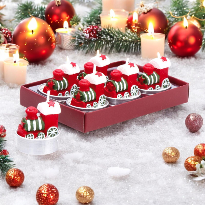 Set 12 Candele a Forma di Trenino Babbo Natale Tealights 3,5 x 5,5 cm 3 soggetti con vasetto 