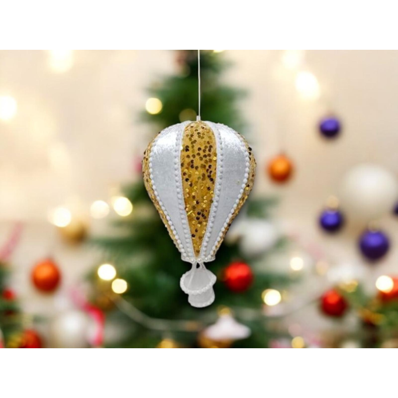 Mongolfiera Glitterata Grande - Palla di Natale da 32 cm con Paillettes Bianca e Oro