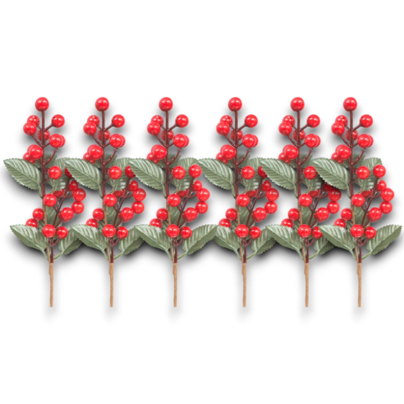 Set 6 Rametti in Pvc - Decorazione Bacche Rosse e Foglie - 35 cm - AP-48465