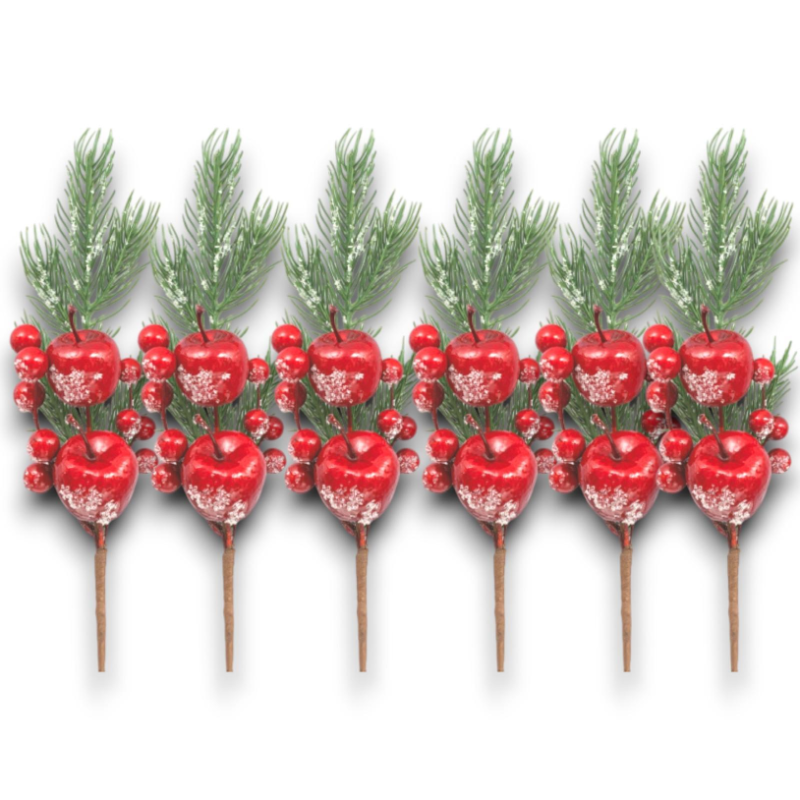 Set 6 Rametti in Pvc - Decorazione Bacche Rosse e Mele Zuccherate - 35 cm - AP-48466