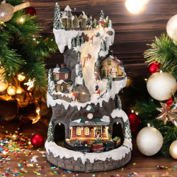 Villaggio Natalizio Innevato con Trenino e Pista Sciatori Illuminato - Decorazione 3D Natalizia 21x21x37cm