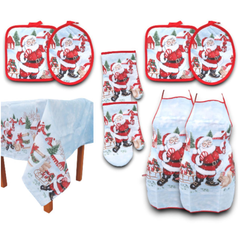 Set Completo Natalizio Cucina e Tavola Con Scatola Regalo in Poliestre - 4 Presine, 2 Guanti, 2 Grembiuli, 1 Tovaglia