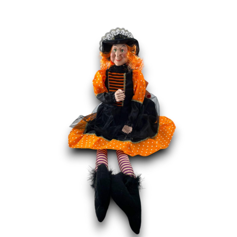 Bambola Pupazzo Befana 60cm seduta con Vestito a pois, Mantello e Scopa