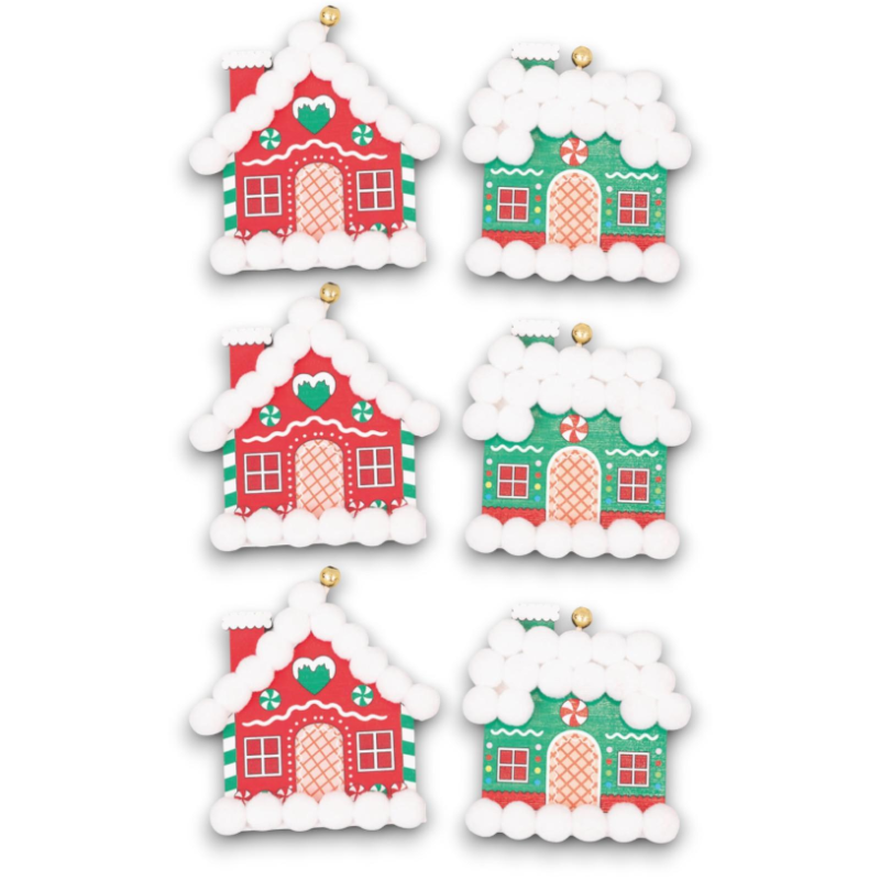 Set 6 Appendini Casetta Legno e Feltro con PonPon - 8x11 Cm