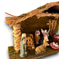 Capanna Legno e Raffia con Natività - 9 Pezzi - 38x14x23 cm