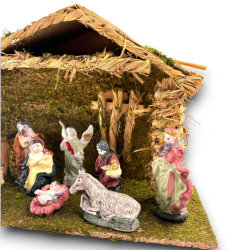 Capanna Legno e Raffia con Natività - 9 Pezzi - 38x14x23 cm