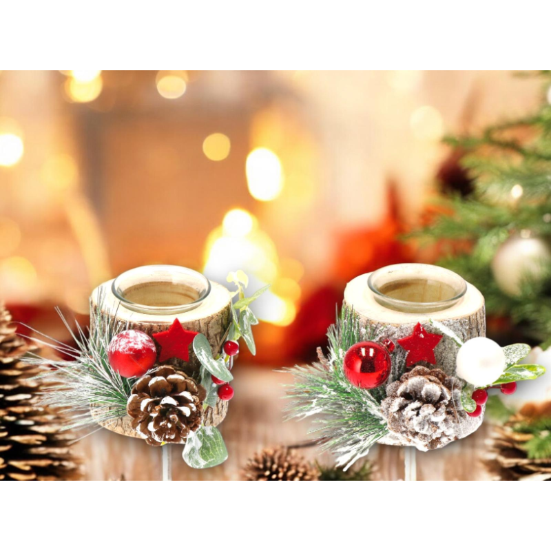 6x Porta Candele Natalizio in Legno Segnaposto di Natale supporto in vetro, Decorazioni rustiche pigne e bacche h. 8 cm