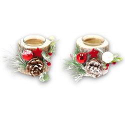 6x Porta Candele Natalizio in Legno Segnaposto di Natale supporto in vetro, Decorazioni rustiche pigne e bacche h. 8 cm