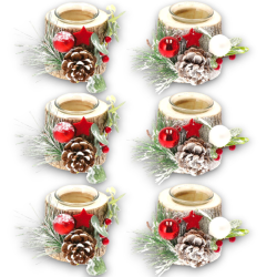6x Porta Candele Natalizio in Legno Segnaposto di Natale supporto in vetro, Decorazioni rustiche pigne e bacche h. 8 cm