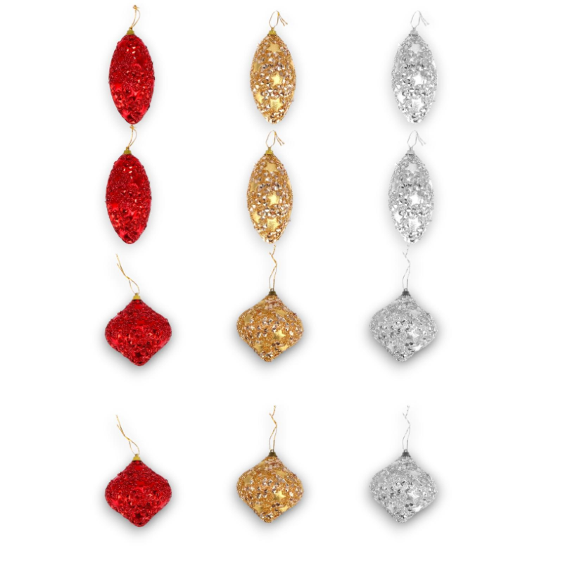 Set di 12 Palline Natalizie a Goccia Tinsel in foil da 10 cm rosso e argento Finitura Lucida paillettes