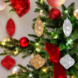 Set di 12 Palline Natalizie a Goccia Tinsel in foil da 10 cm  rosso e argento Finitura Lucida paillettes