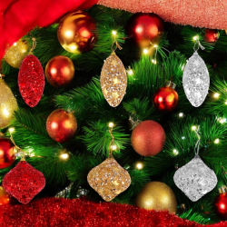 Set di 12 Palline Natalizie a Goccia Tinsel in foil da 10 cm  rosso e argento Finitura Lucida paillettes