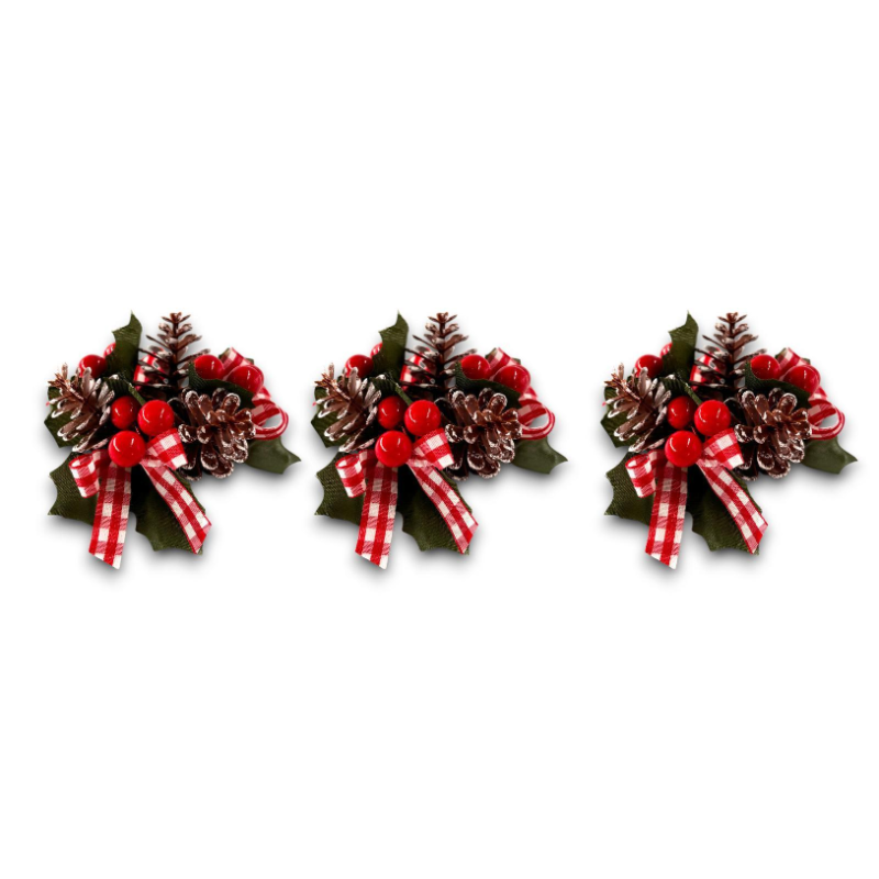 3 Girocandela Con Pigne, Bacche e Fiocco - 10 cm - CEN-86474