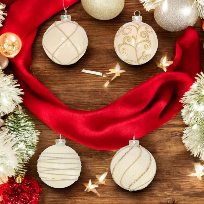 Set di 12 Palline Natalizie in Vetro 8 cm Decorate Eleganti e Raffinate Oro e Bianco