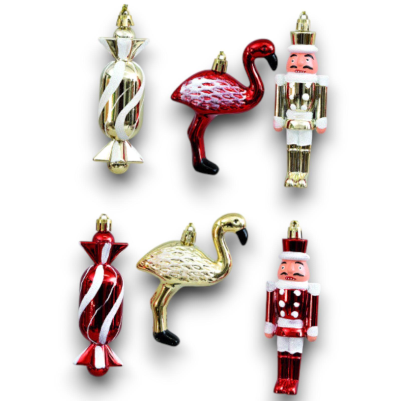 6 Appendini Soldatino, Caramella e Fenicottero - Oro e Rosso - 11 cm - FA-30600