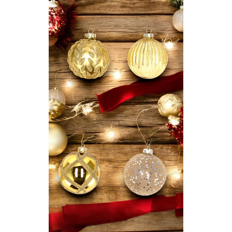 Set di 12 Palline Natalizie in Vetro Eleganti e Raffinate 8 cm Decorate Oro