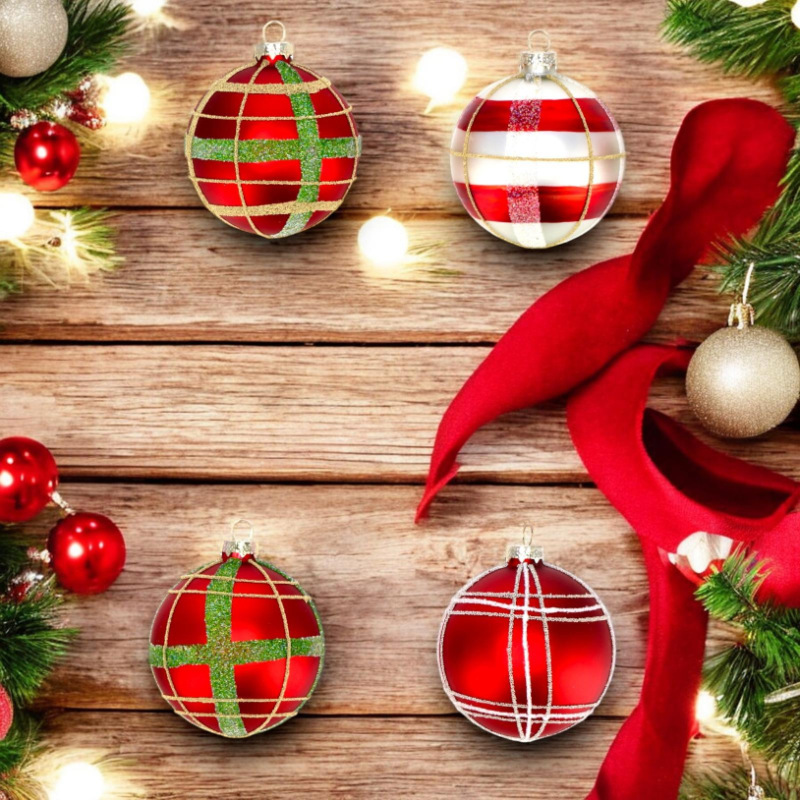 Star - 12x Palla in Vetro - Tartan - 8 cm - 105807