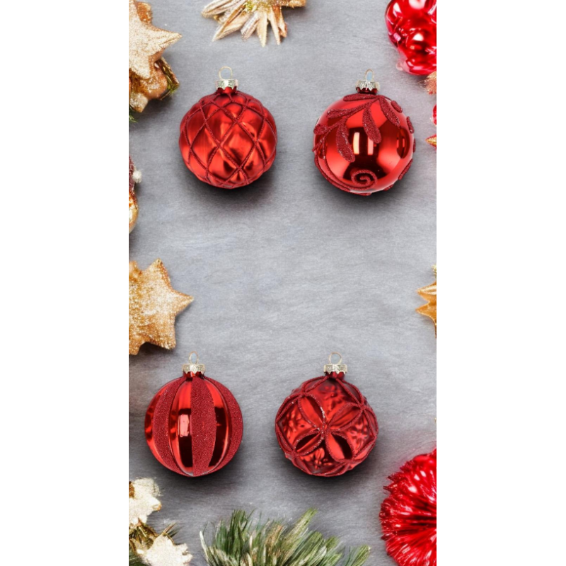 Set di 12 Palline Natalizie in Vetro 8 cm Decorate Eleganti e Raffinate Rossa