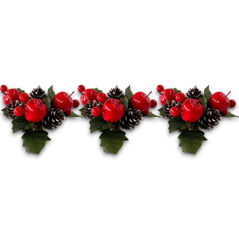 3 Girocandela Con Pigne, Bacche e Mele - 10 cm - CEN-86475