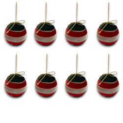 8x Palline di Natale in Velluto Sfera Infrangibile in Plastica Verde STRINGATE 10 cm rosso e avorio