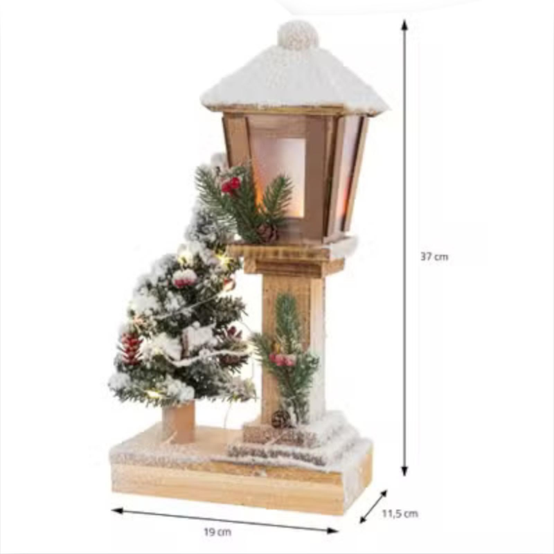 Lampione Natalizio in Legno con Albero di Natale h. 37 cm, Bianco innevato con 33 Luci LED Base 19x10cm