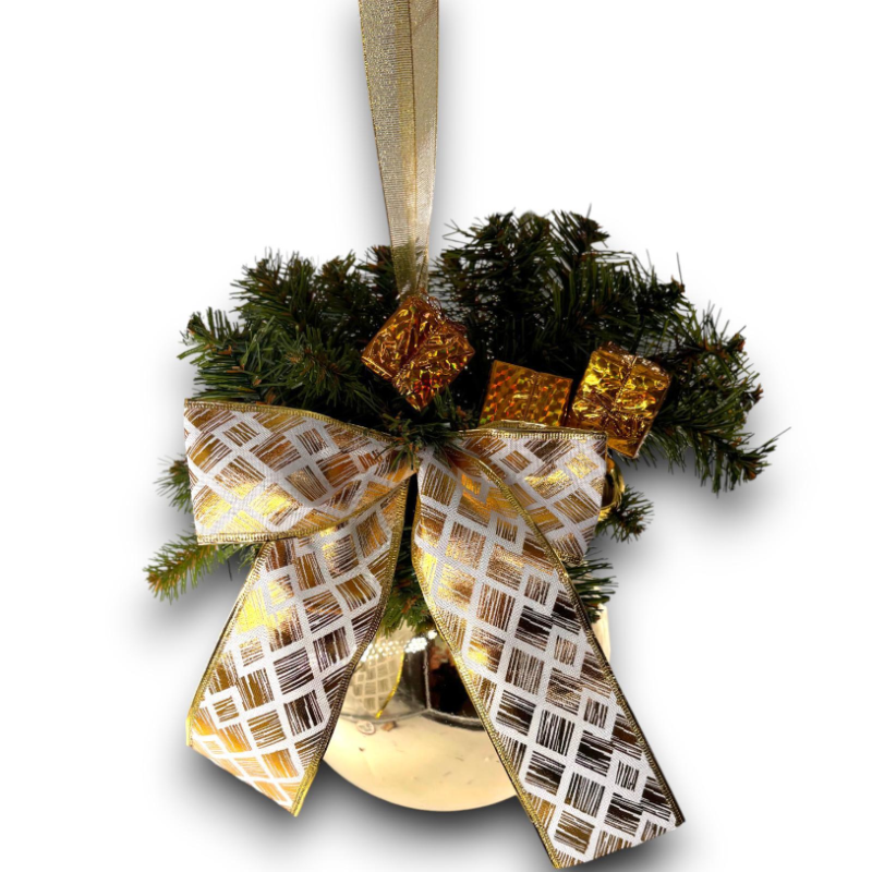 Palla Gigante Decorata con Rami, Fiocco, Palline - 20 Cm - Oro - FL-90439