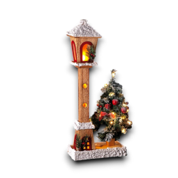 Lampione Natalizio in Legno con Albero di Natale h. 60 cm, Bianco innevato con 48 Luci LED Base 24x12cm