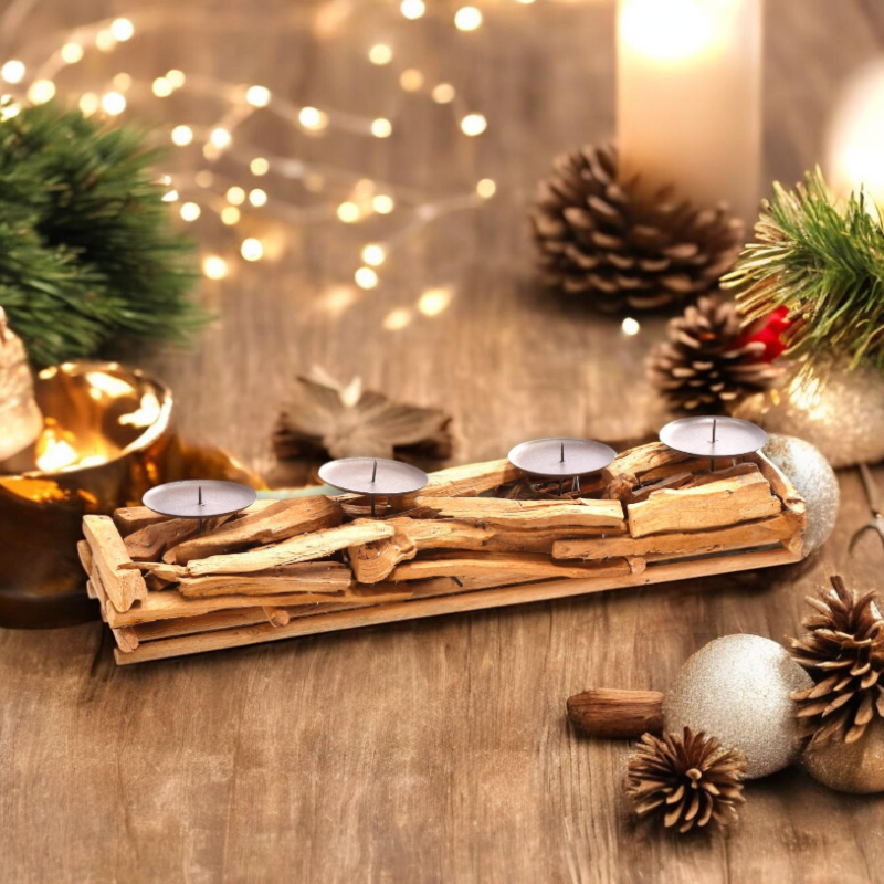 Portacandele in Legno Naturale, Candelabro Candeliere Stile Nordico a 4 candele, 50x12x11 cm