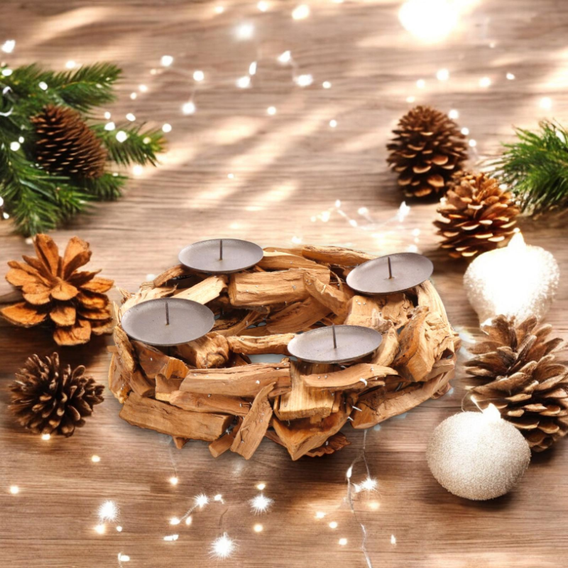 Portacandele in Legno Naturale, Candelabro Candeliere Stile Nordico 4 Candele, 30 cm