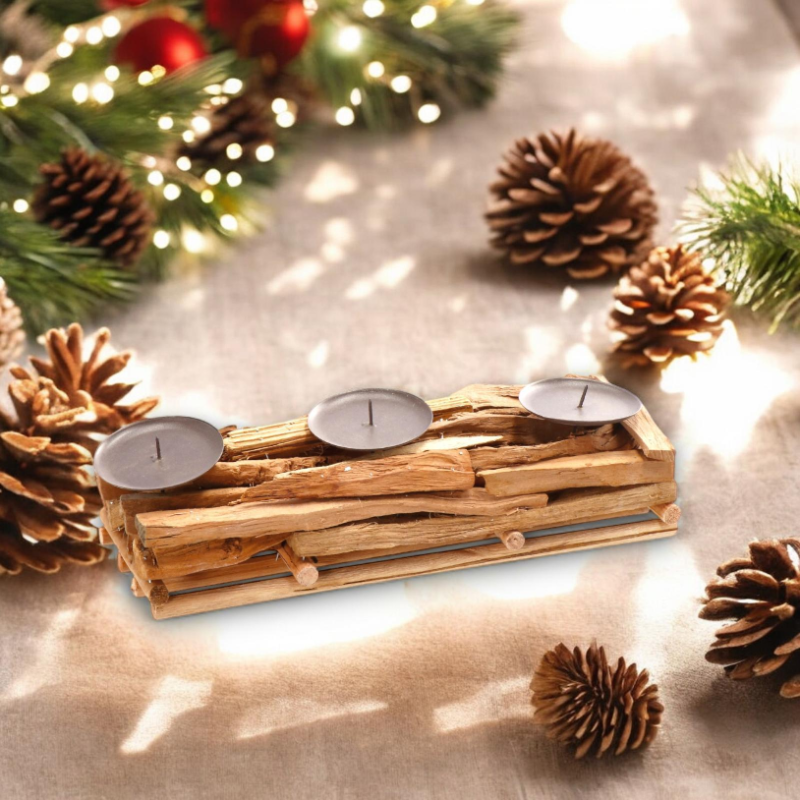 Portacandele in Legno Naturale, Candelabro Candeliere Stile Nordico a 3 candele, 34x12x11 cm