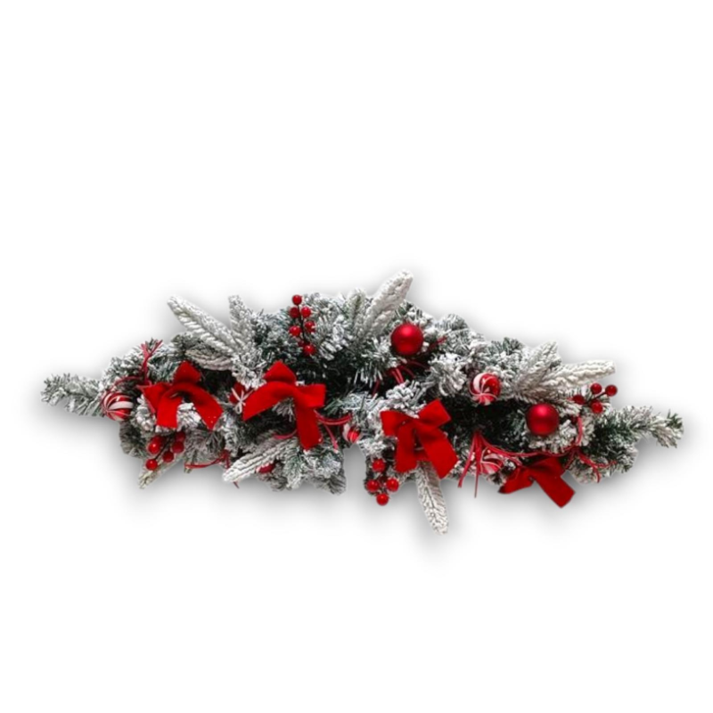 Ghirlanda Natalizia innevata Completa con Fiocchi imbottiti, pacchi e Palline, Tema Candy 80 cm
