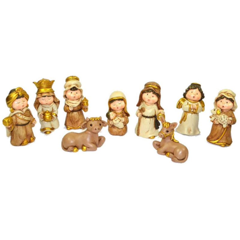 Set Statuine Baby Natività ORO miniature in Ceramica con 9 personaggi fino a 13 cm