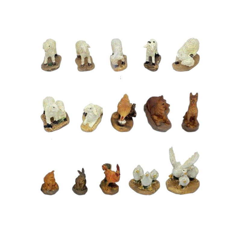 Set 15 Pezzi Animali in Miniatura per Presepe 2,5 x h. 2,5 cm in Resina Cani, Oce, Papere, Galline, Capre, Pecorelle Assortite P