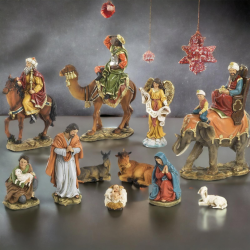 Presepe Natività Lusso con 10 soggetti Re Magi con ELEFANTI Fino a 20 cm CON BASE LEGNO Personaggi in Resina Giuseppe Maria Gesù