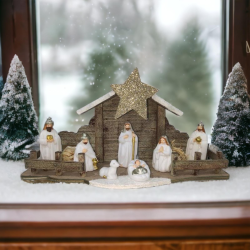 Capanna Natività Bianca Regalo statuine con LUCI LED miniature in Ceramica 7 personaggi Presepe per Bambini in miniatura COLORI 