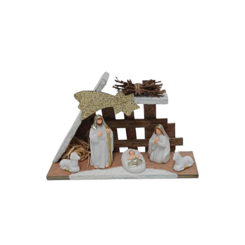 Capanna Natività Bianca Regalo statuine miniature in Ceramica 5 personaggi Presepe per Bambini in miniatura COLORI TENUI ORO Giu