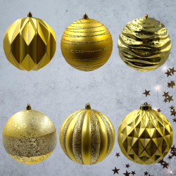 6 PALLINE PLASTICA NATALE DECORO ORO ASSORTITO CM.12