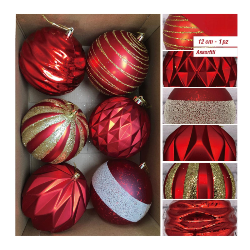 6 PALLINE PLASTICA NATALE DECORO ROSSO ASSORTITO CM.12