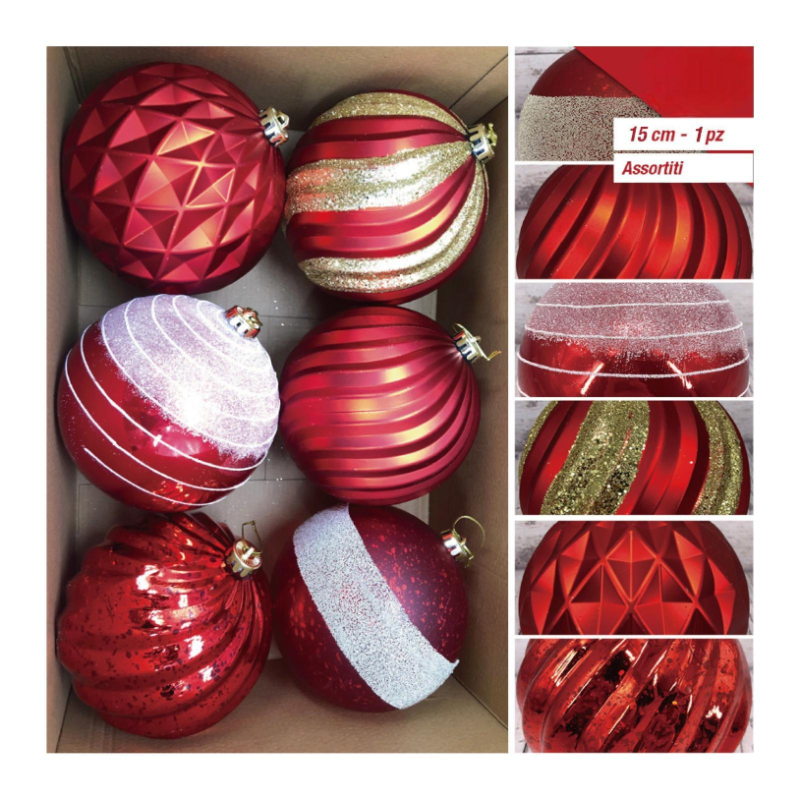 6 PALLINE PLASTICA NATALE DECORO ROSSO ASSORTITO CM.15 