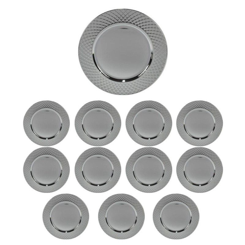 12x Sottopiatti Colore SILVER LACCATO EFFETTO ACCIAIO lucido Bordo a trama Tondo diametro 33 cm