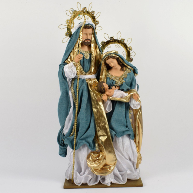 Set 3 pz Natività Artigianale in Stoffa Bianca Celeste in Organza e Tessuto Oro Presepe 3 Personaggi da h. 65 cm