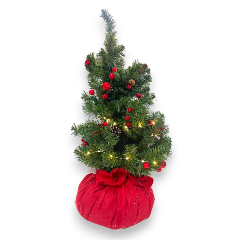 Pinetto Verde RUSTICO con LUCI LED, Alberello con Pigne e Bacche molto Folto, Albero di Natale Completo in PP+PVC con Sacco Juta