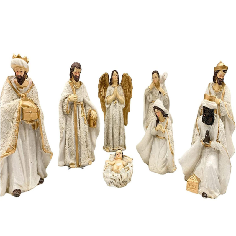 Set Natività 8 Soggetti in Ceramica Bianca Colori Chiari BIANCO ORO da h. 16 cm - AM