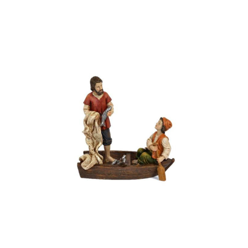 Coppia Pastori Presepe PESCATORI con barca Pesci Personaggio Presepe h. 16 cm - AM