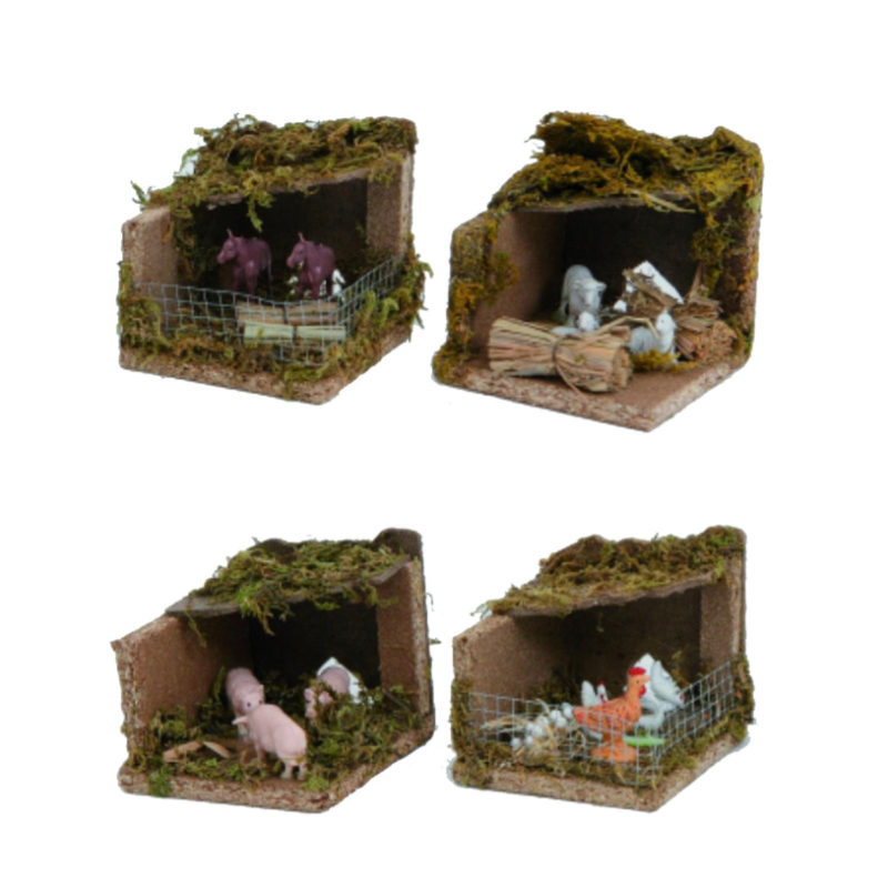 Set 4 ambientazioni per presepe animali in stalla 9,5x9,5xh.9 cm 